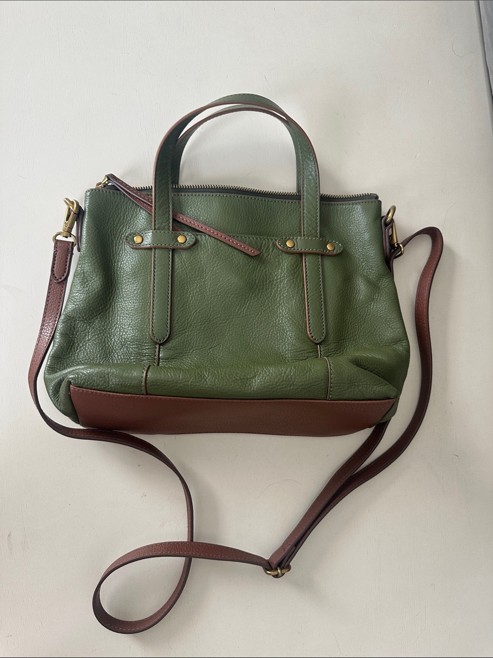 Fossil Green and Brown Leather Shoulder Satchel